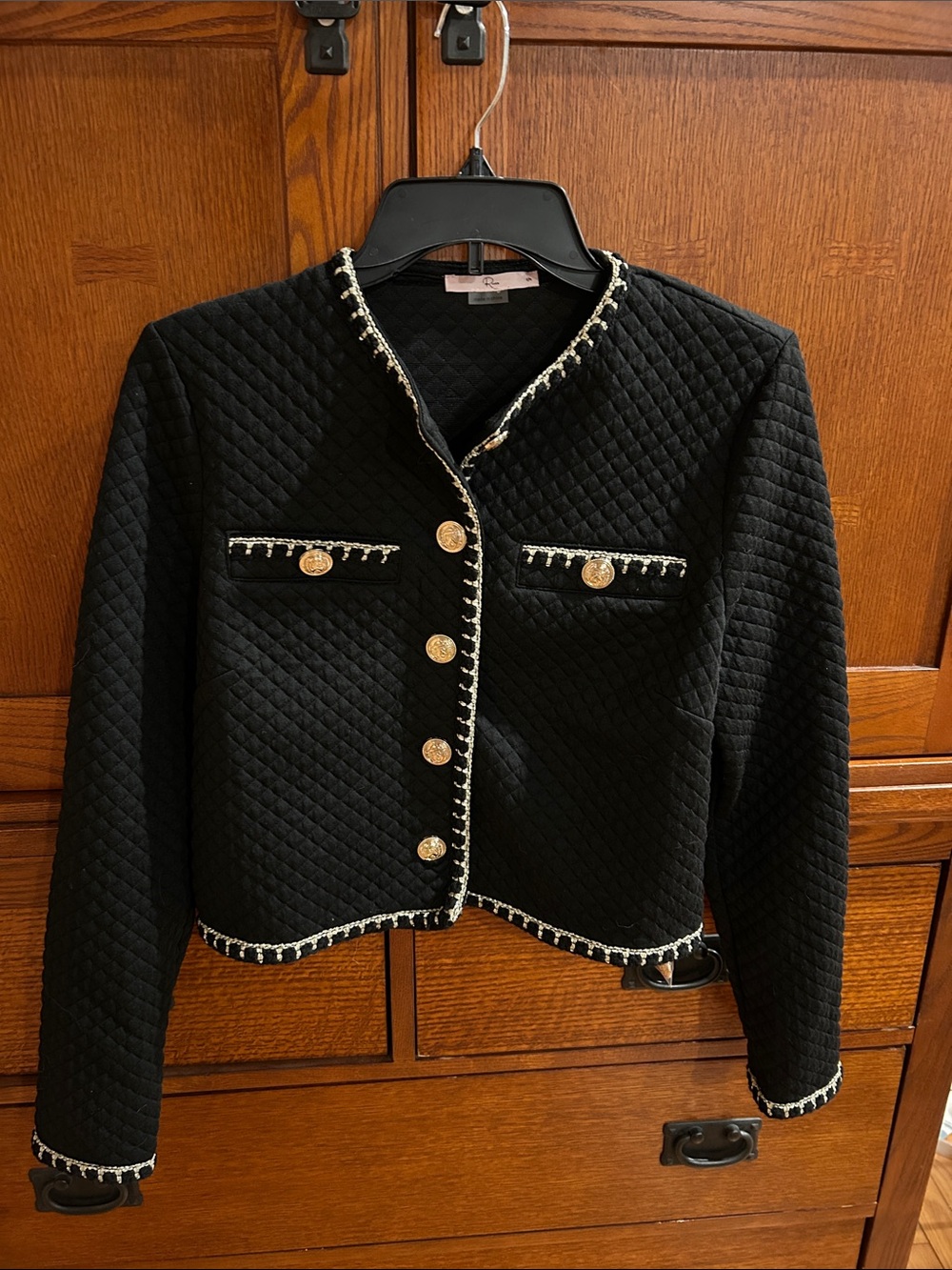 Black Quilted Crop Jacket with Gold Buttons